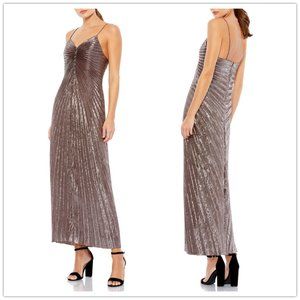 Ieena for Mac Duggal Pleated Metallic V-Neck Maxi Dress